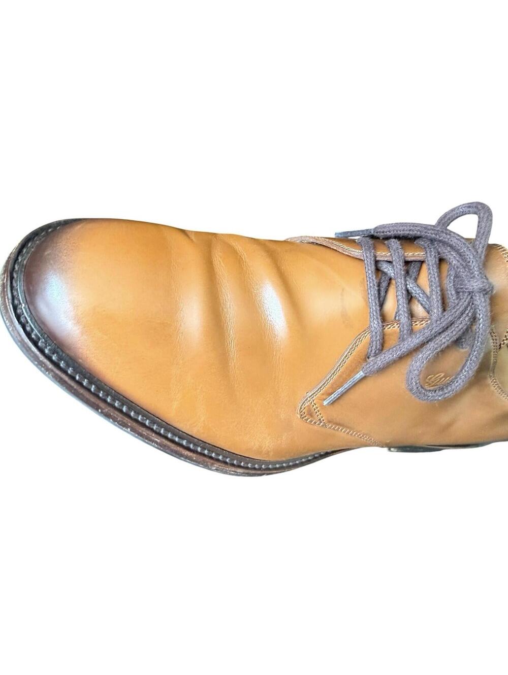 Designer Gucci Men's Burnished Tan Calfskin Leather Plain-Toe Derby Shoes 8 BOX+ - Picture 5 of 9